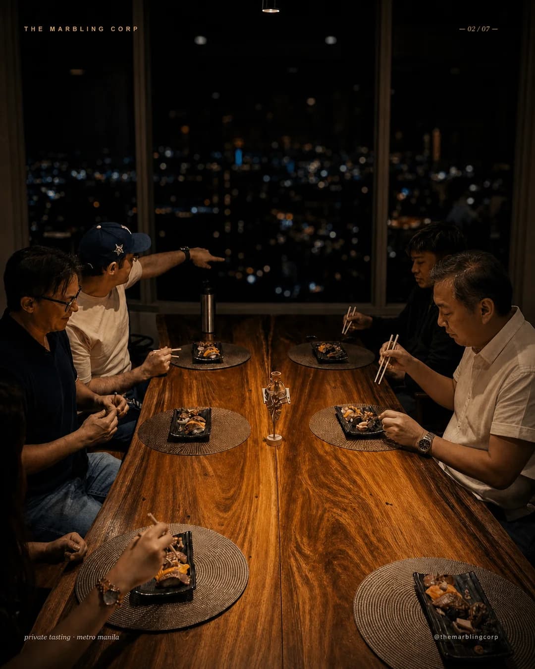 Private Japanese Wagyu tasting table with plated courses and nighttime city views