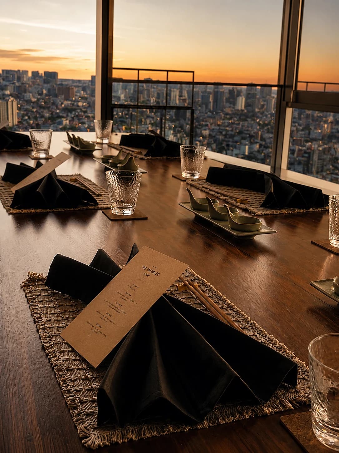 Reserved tasting table with menus, glassware, and sunset skyline views
